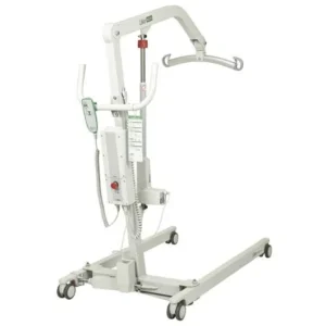 A white lift with wheels and a handle.