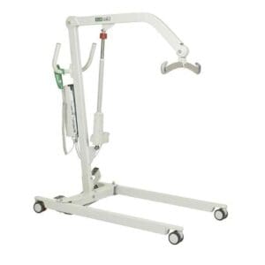 A white crane with wheels and a handle.