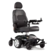 A black power chair with wheels and seat.