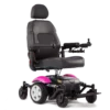 A pink and black power chair with the seat up.