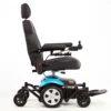 A blue and black motorized wheelchair with wheels.