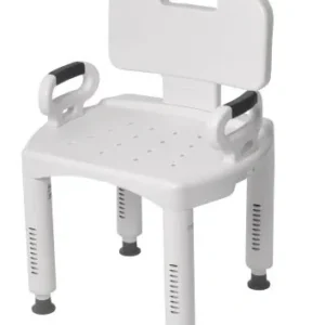 A white shower chair with arms and back.