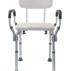 A white shower chair with arms and back.
