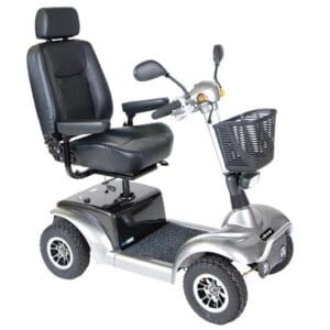A silver scooter with black seat and back.