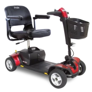 A red scooter with a basket on the back of it.