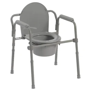 A commode with the seat up and the back down.