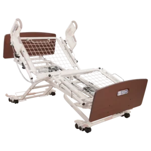 A picture of an electric bed with the side rails down.