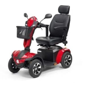 A red scooter with black seat and back.