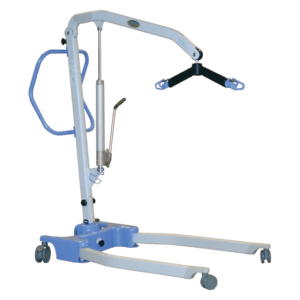 A blue and white crane with wheels on it