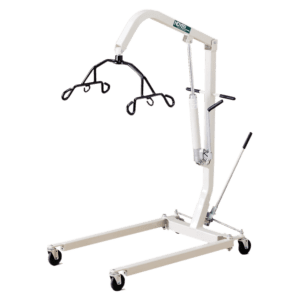 A white crane with wheels and two handles.