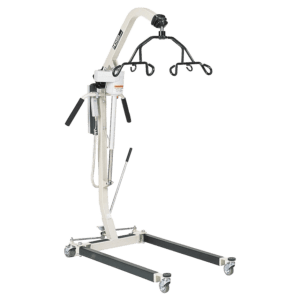 A white and black medical device on wheels