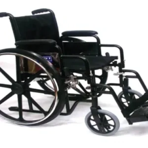 A wheelchair with wheels down and the seat folded up.
